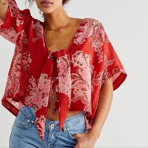 Free People Red and Pink Floral Blouse